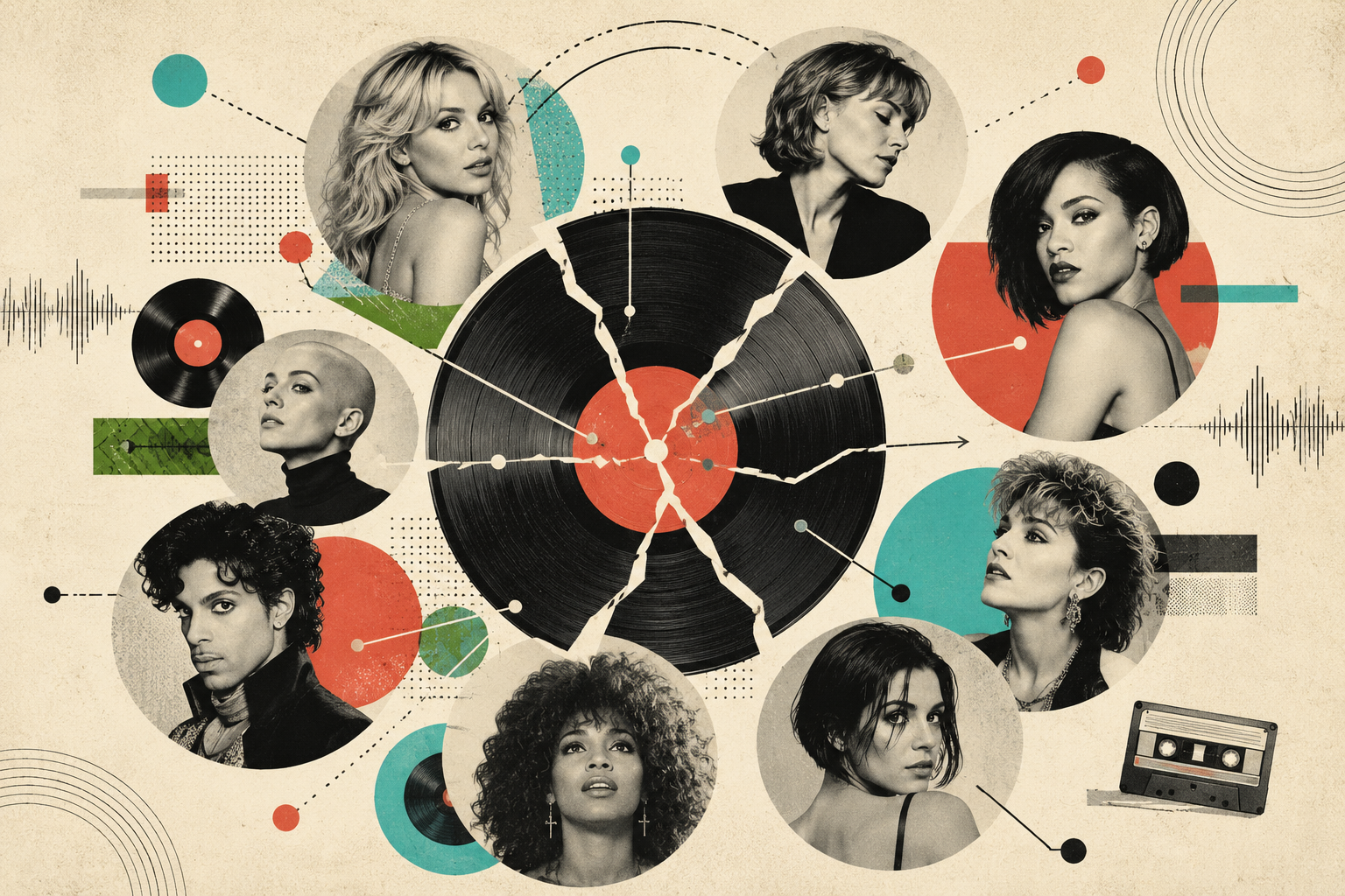 Ilustración editorial sobre canciones que casi fueron interpretadas por otros artistas y cambiaron la historia del pop